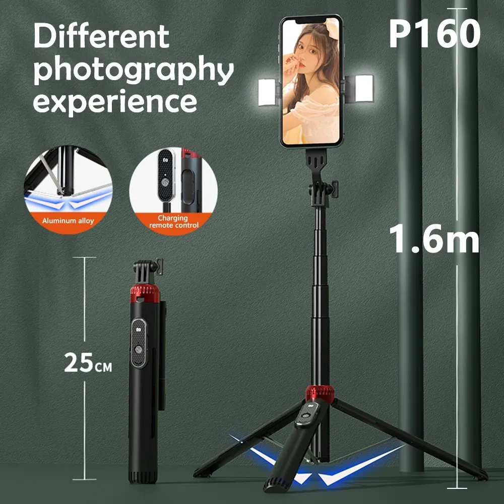 Sticks Long étendue Selfie Bluetooth Selfie sans fil étendu avec un trépied pliable à double remplissage pour les caméras d'action GoPro Smartphone