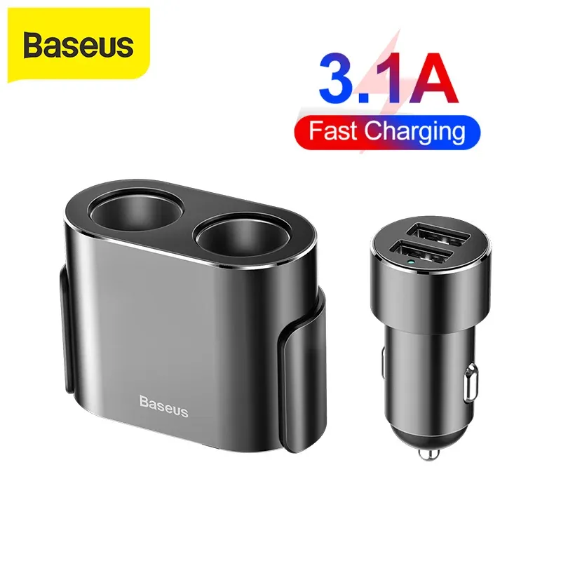 充電器baseus 3.1aクイック充電デュアルUSBカー充電器2 in 1タバコライターユニバーサル電話充電器アダプターUSBカークイックチャージャー