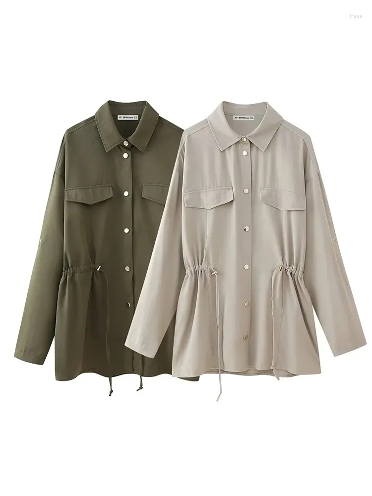 Women's Trench Coats Spring Autumn Casual Adjustable Drawstring Waist Khaki Slim Jackets Womens Single Breasted Long Sleeve 2024 Green