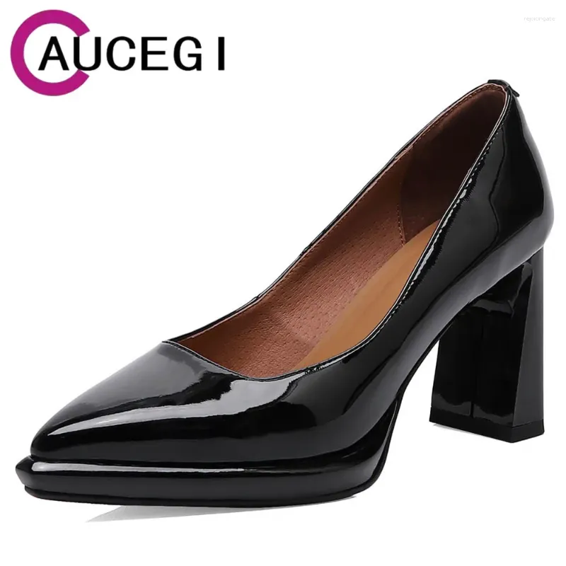 Zapatos de vestir aucegi 2024 tacones cuadrados de la plataforma sexy para mujeres de la plataforma de la primavera del vino negro del dedo rojo fiel de la patente del dedo del pie puntiagudo