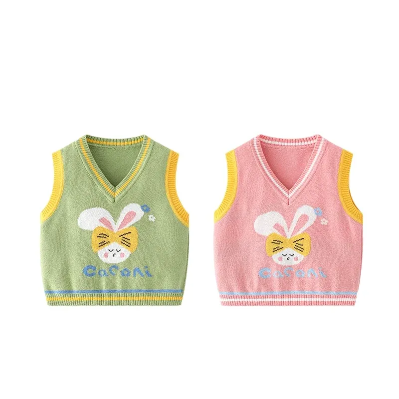 Cardigan Children's Tricoted Pull Vest Cartoon Rabbit Unisexe Oneck Pullover Cotton Sans manches mignons Baby Boy Clothes Girl 2 à 8 ans