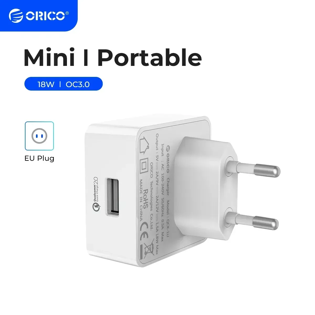 Ladegeräte Orico QC2.0/QC3.0 18W Schnellladegerät USB -Wandladegerät Reiseadapter für iPhone Samsung Xiaomi Huawei mit Mikro -USB -Kabel