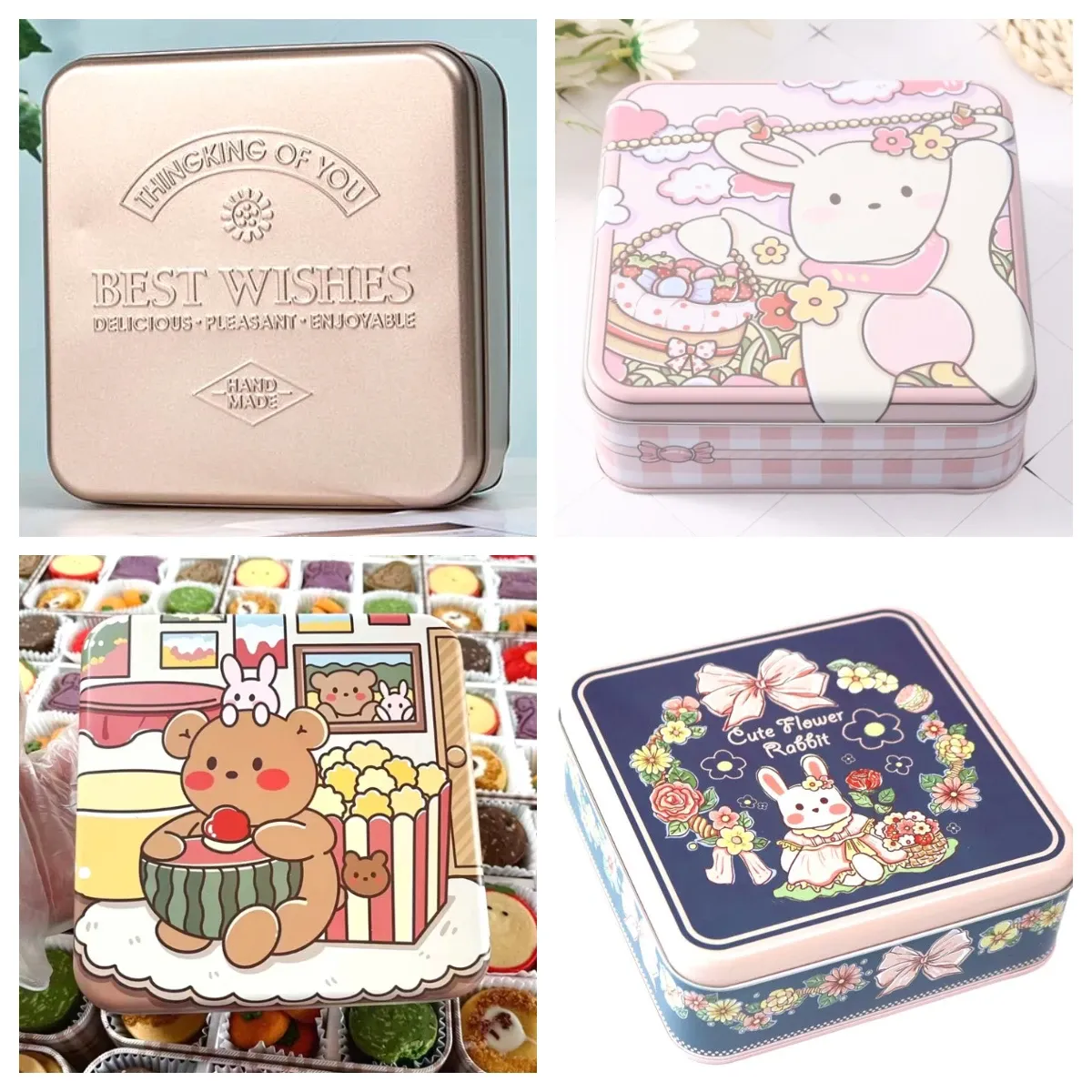 Bins Cute Cartoon Bear Candy Biscuit Tin Storage Box Cookie Packaging Case Square Empty Cake Organizer Plate Gift Box Baking Tool