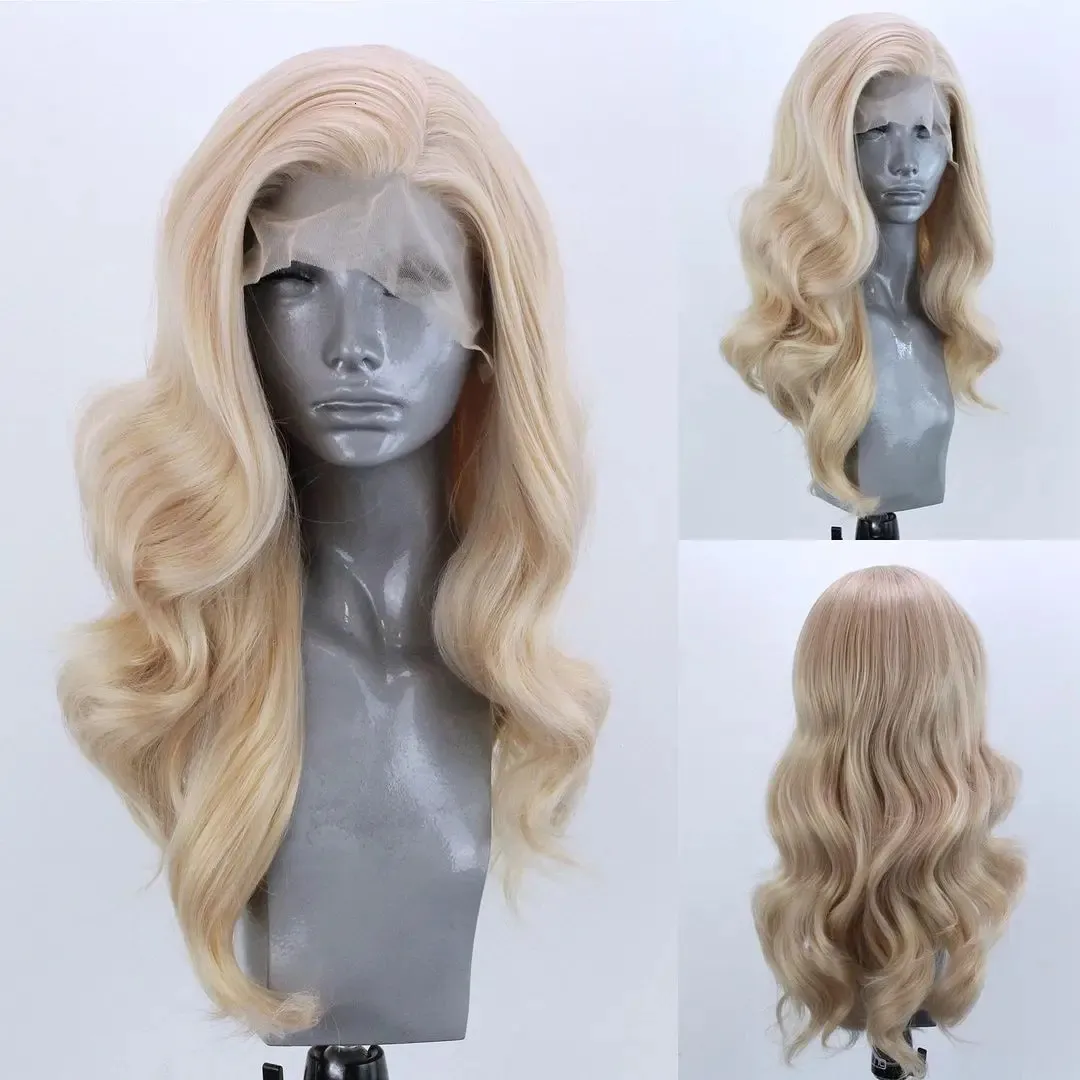 Parrucca anteriore del pizzo sintetico a vita ondulata lunga per donne Gloden Blonde Drag Queen Wig 240423