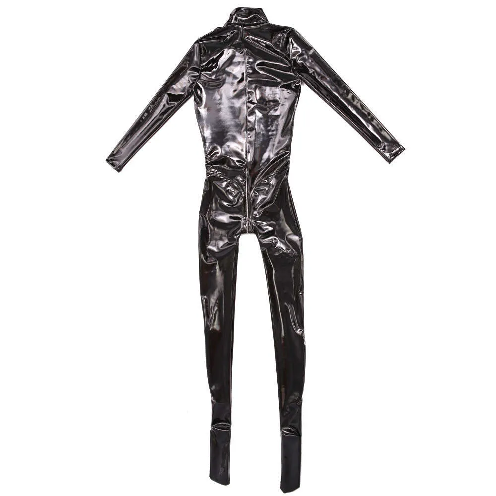 Col roulé sexy pour les femmes à manches longues noires élégantes élégantes pu fausses latex catsuit zipper club club bodycon combinaison