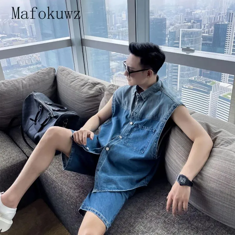 Men's Tracksuits Summer Washed Denim Vest Shorts Suit Fashion Loose Casual High Street Personality Sleeveless Jacket Pants Two-piece Set