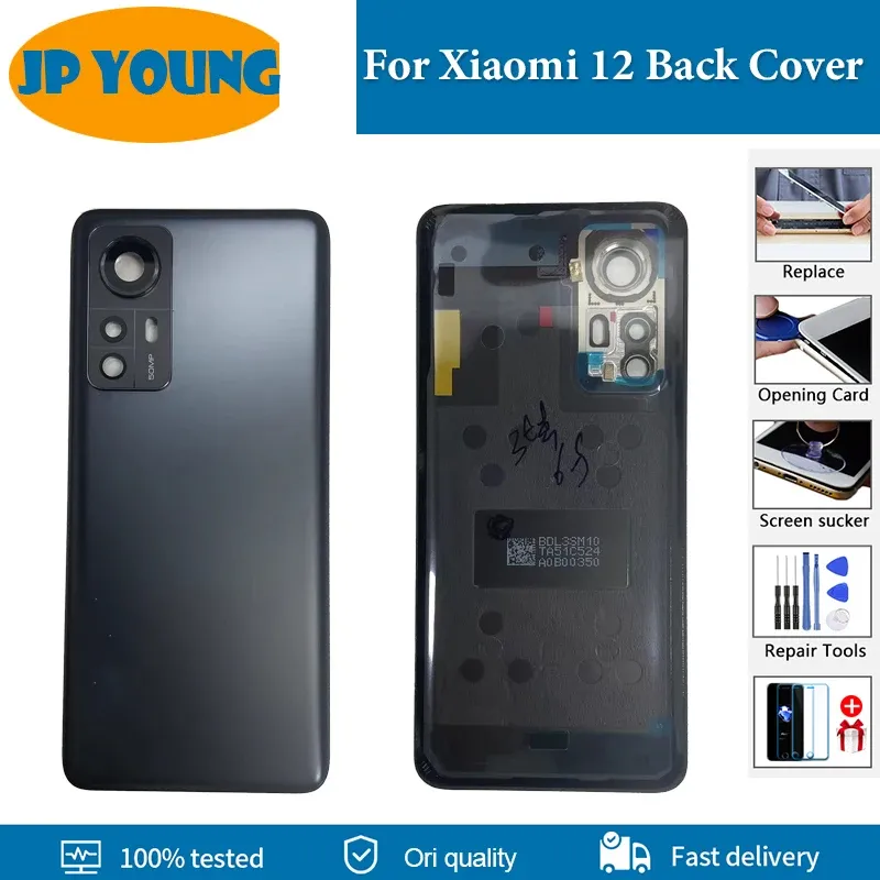 Ramar 6.28 "Original Back Battery Housing Cover Door for Xiaomi 12 Telefon bakre fodral MI12 Glaslock med kameralinsreparationsersättning