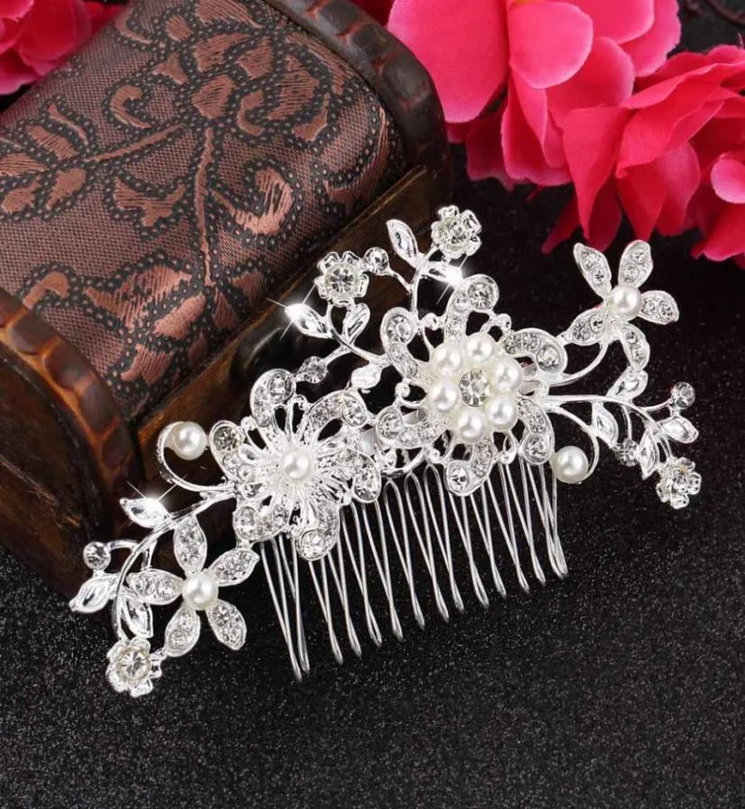 Whole1pc Floral Wedding Tiara Sparkling Silver plaqué cristal Simulate Pearl Bridal Hair Sembs Hairpin Jewelry Hair Accessor8184175