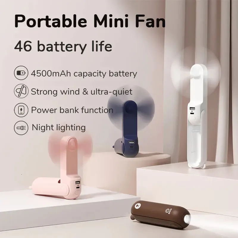 JISULIFE Portable Fan Mini Handheld Fan USB 4500mAh Recharge Hand Held Small Pocket Fan with Power Bank Flashlight Feature 240424