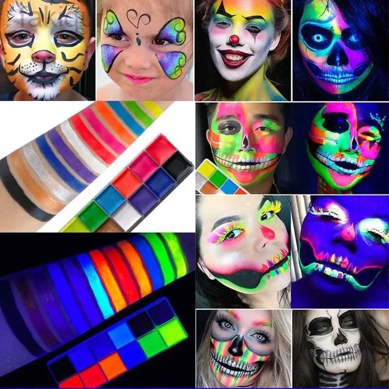 Körperfarbe 12 Kerne UV Glühfarbe fluoreszierende Neonöl Gesicht Körpers Körperkosmetikpalette für Halloween Party Farbe Kostüm Kid Cosplay Make -up D240424