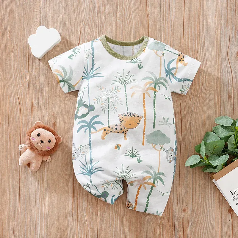 Endelar 018 Baby Jumpsuit Söt tecknad skog djurtryck avslappnad och bekväm mjuk pojke och flicka sommaren kortärmade kläder kläder