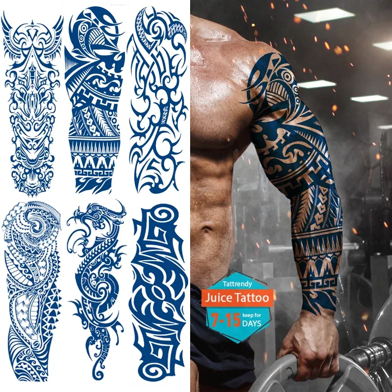 Bläck juice bläck 15 dagar varaktiga tatuerare män full arm långsleeve temporay tatueringar ärm ärm Totem Tribal Dragon Robot Sexig kropp Tatuen stor