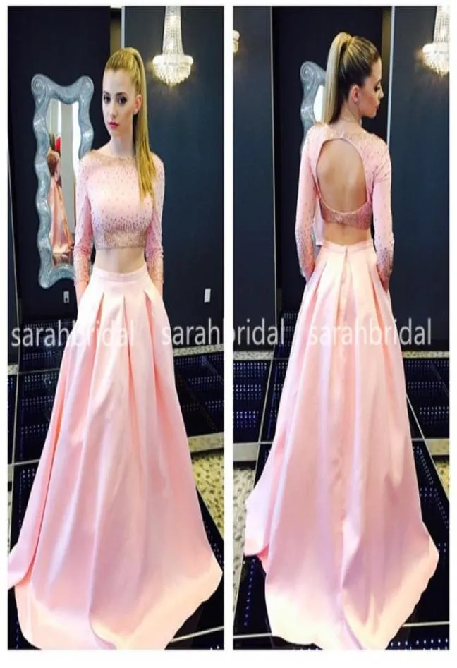 2019 Two Piece Pink Satin Prom Dresses with Bateau Neck Long Sleeve Keyhole Backless Crop Top Marine Ball Pockets Gowns Plus Size 9821022