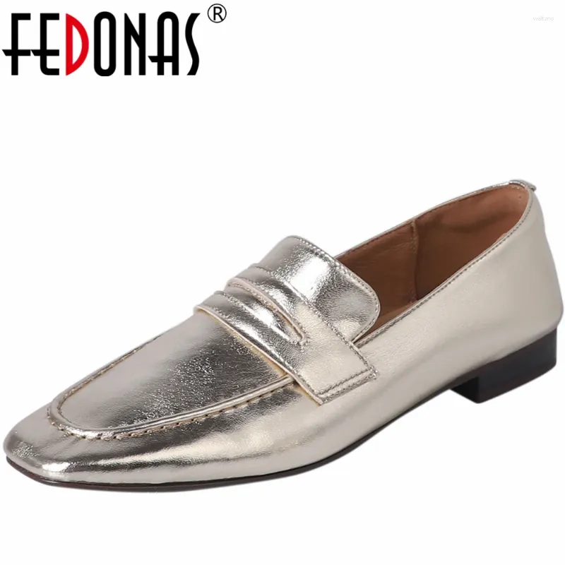 캐주얼 신발 Fedonas Fedoman Autumn Women Pumps Low Heels 정품 가죽 광장 발가락 편안한 사무실 작업 여성 로퍼 2024