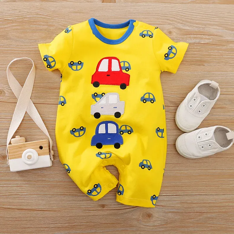 One-pièces Summer Boys and Girls Cute Cartoon Car broderie Coton Coton confortable Casual Short Sleeve BodySity