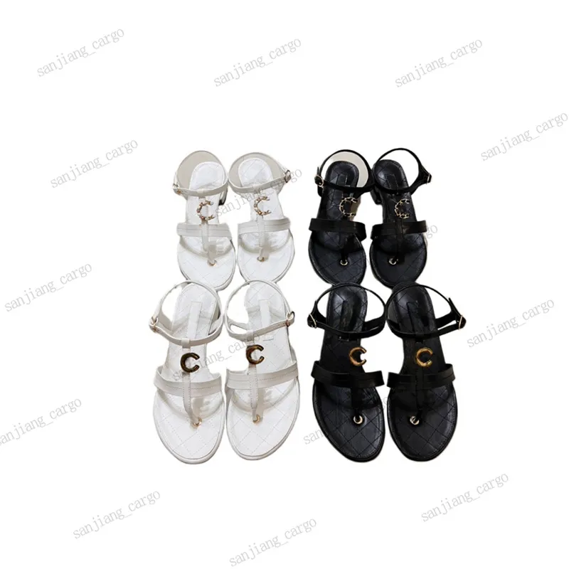 2C metal buckle thong sandal black white leather T straps sandals Women block heel summer Shoes Chunky mid Heeled dress shoe With Crystal-embellished Flops