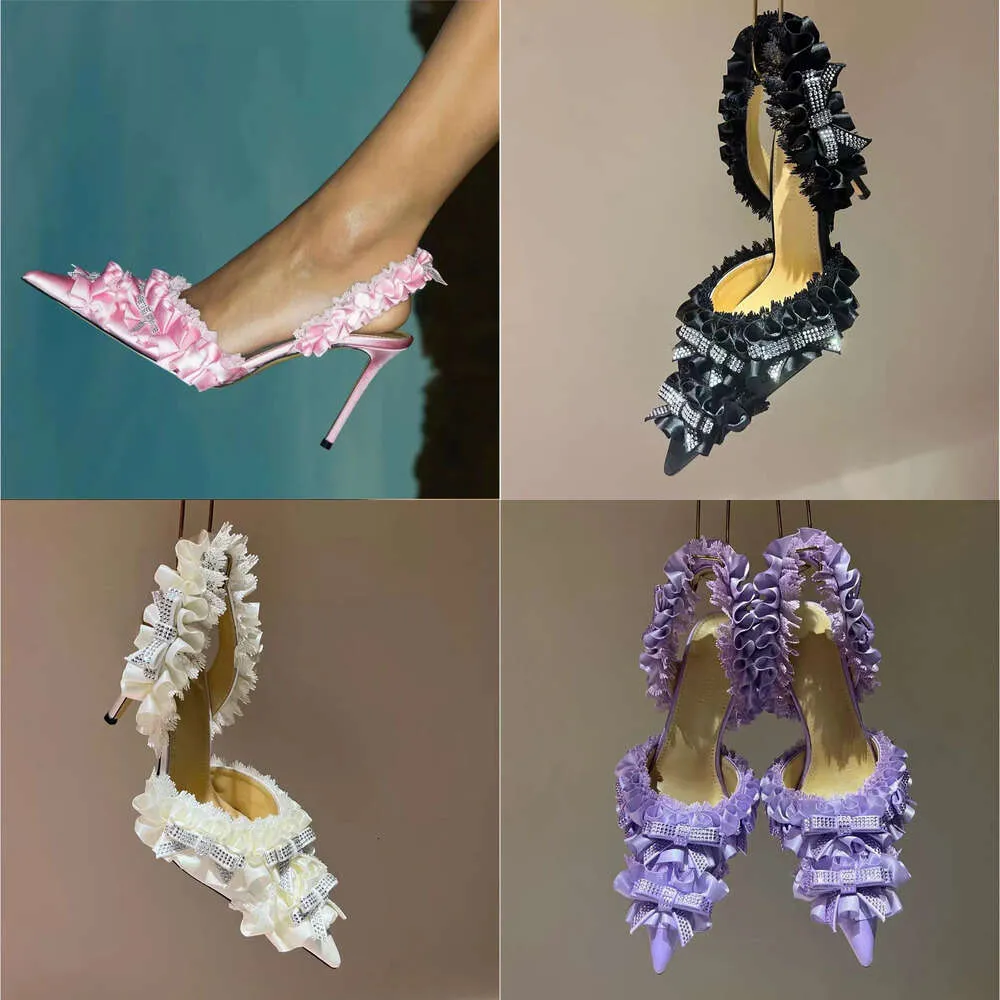 الدانتيل H High Heels Slingbacks Fashion Women 9.5cm كعب المصمم أحذية كلاسيكية ساتان كريستال القوس الديكور مدبب الزفاف