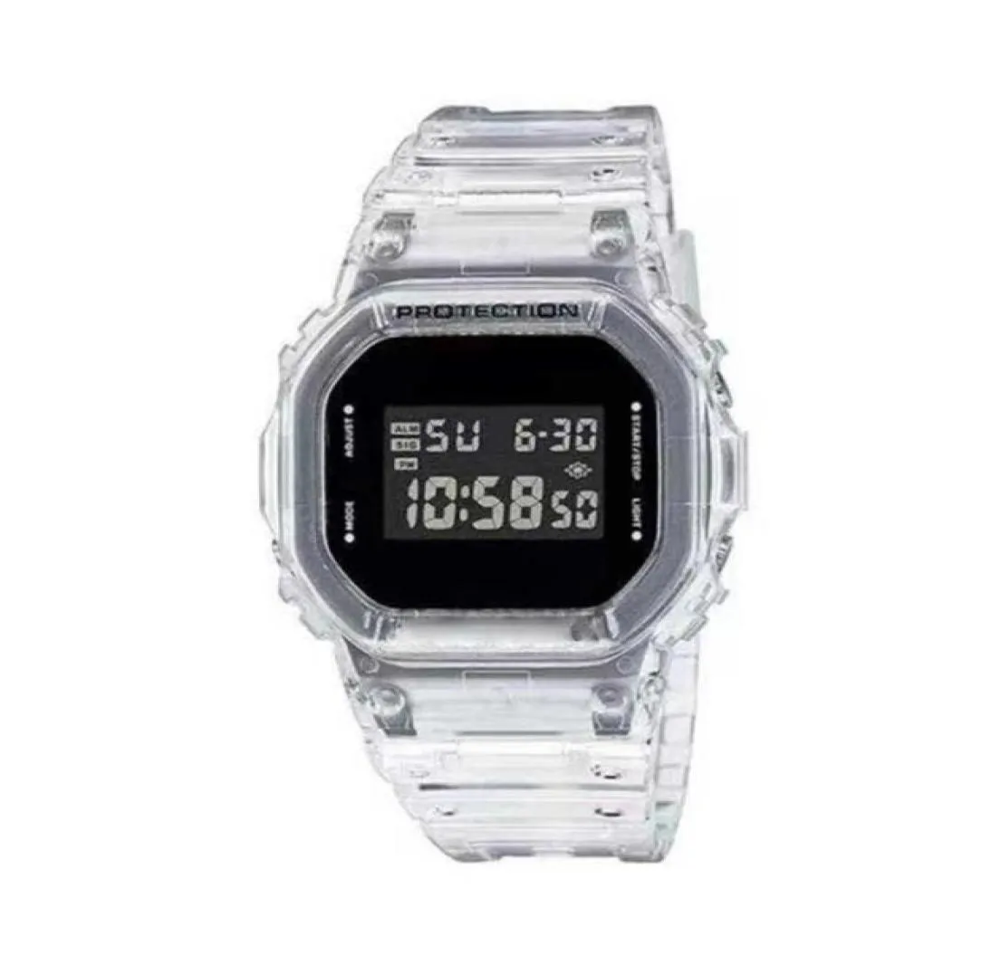 Armbandsur av högkvalitativ G5600 transparent Watchband Man Watch Led Electronic Digital Ice With World Time Small Square Clock4482383