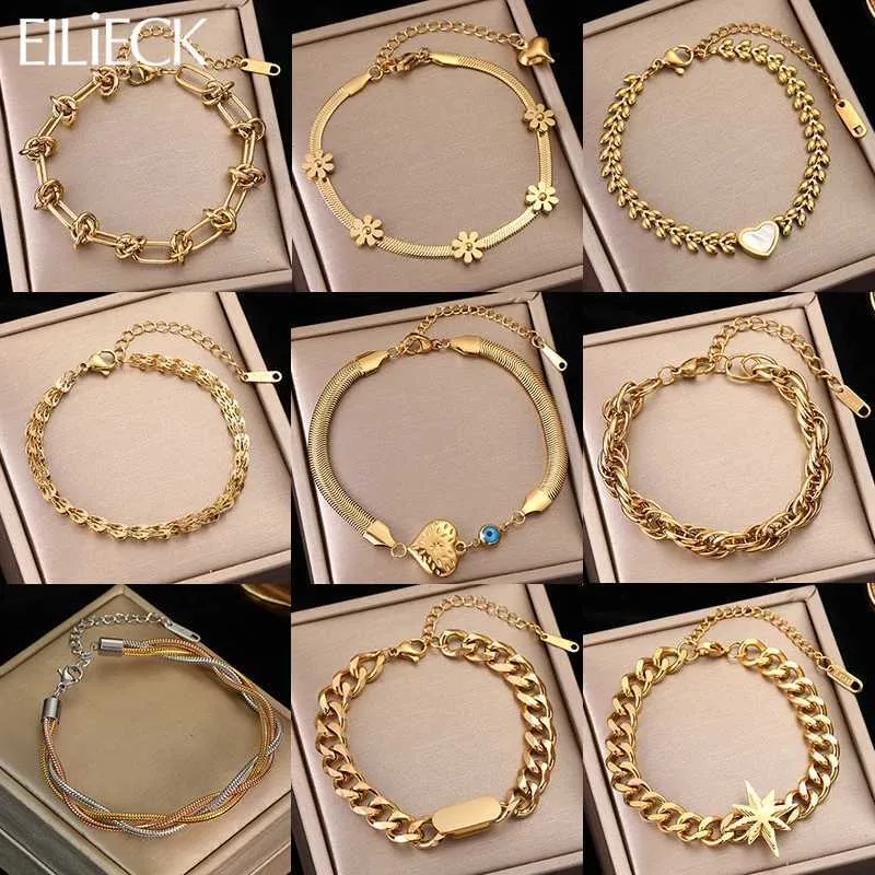 Perlen Eilieck 316L Edelstahl Gold Farbarmband für Frauen Einfacher Stil Linkkette Trendy Mode nicht verblüfftes Schmuck Geschenk 240423