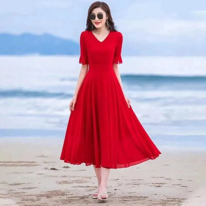 Bohen Wen Women's Chiffon Sundress - Long Solid Color