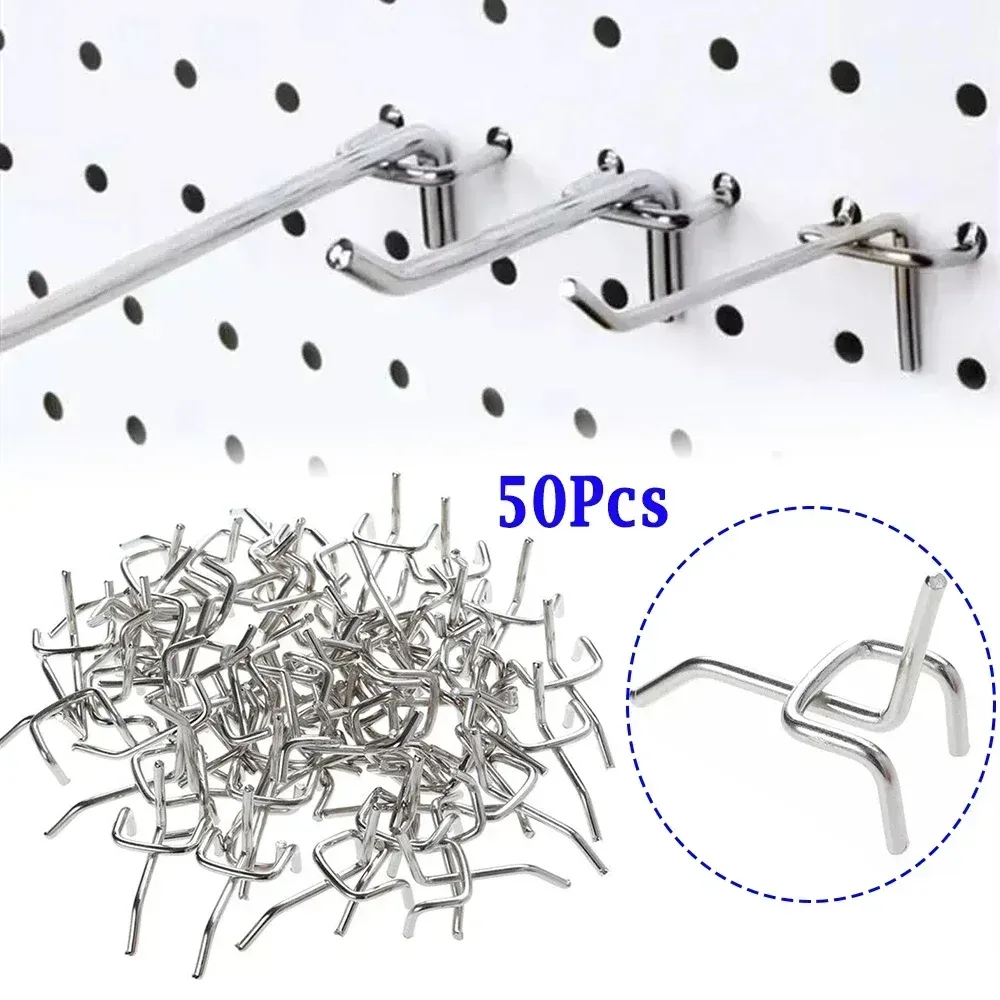 Rails 50st kolstål pegboardkrokar 3,3 mm wirewrap board silver hål platta garage arbetsbutik lagringshelgningsverktyg