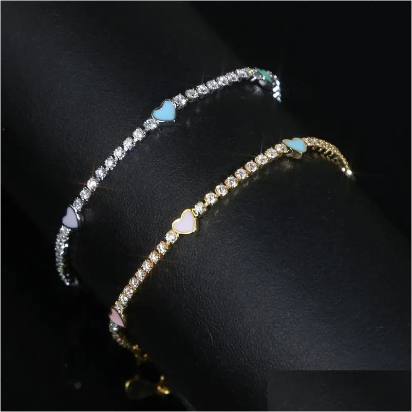 Bedelarmbanden trendy delicate dunne regenboog kleur email Mini hart liefde tennisketen bangle elegante armband hiphop verharde kubieke zir dh7j0