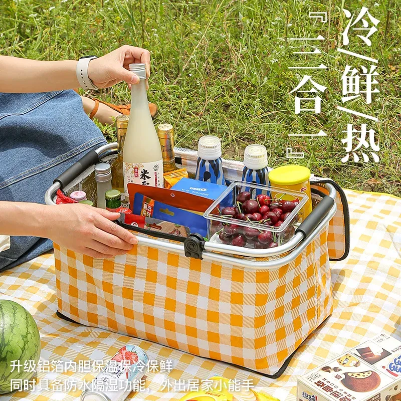 Körbe im Freien tragbarer Picknickkorb, große Kapazität, Mehrschicht, Aluminiumfolien -Picknicktasche, Campingspeicher, faltbare Isolierung