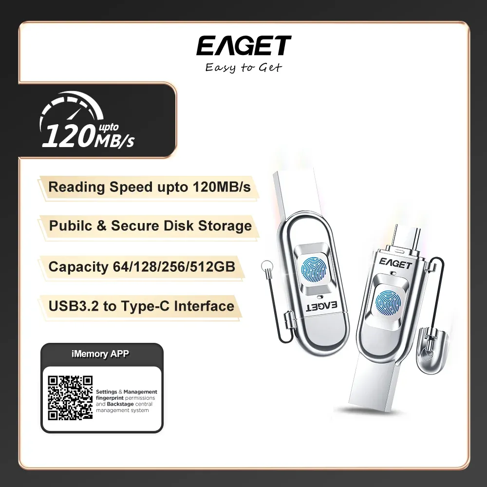 DRIVES EAGET FU68 Vingerafdrukcodering USB Flash Drive 32G 64G 128G 256G TYPEC USB 3.2 Gegevenscoderingstick, USB Memory Storage Disk