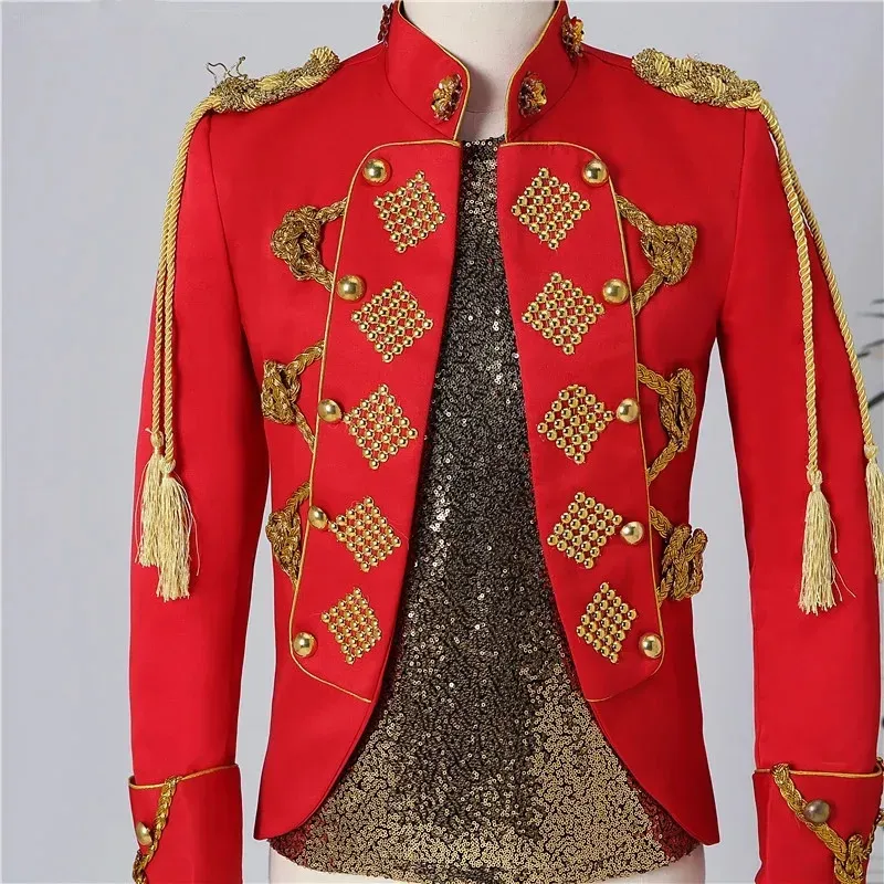 Jackets Nightclub Men Singer Performance Clothes Red Court Dress Fringe Epaulet Rivet Jacket Stand Collar Slim Blazer Coat Stage Costume