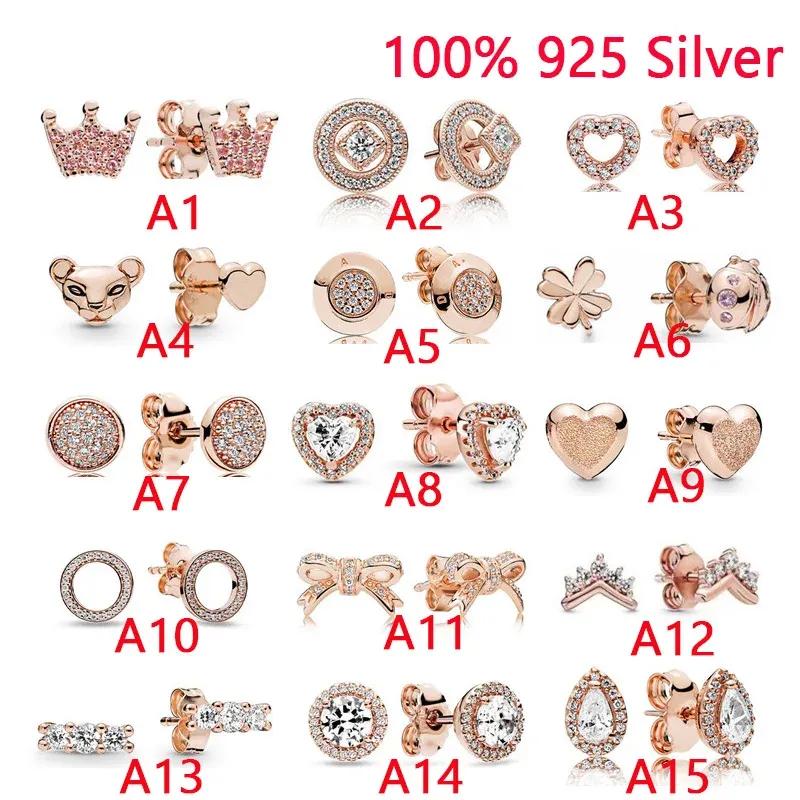 Kolczyki 925 Sterling Srebrne Kolczyki damskie Rose Gold Polished Lion Lionbug Pink Crown Oryginalny DIY Biżuteria Prezent ślubny