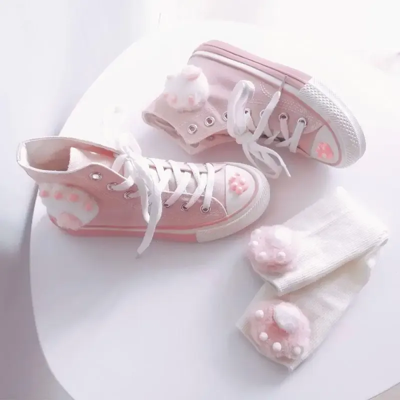 Boots Spring Autumn Women Shoes Pink High Top Vulcanize Shoes Sneakers Cute Cat Claw New Fashion Cute Casual Cartoon Lovely and Sweet