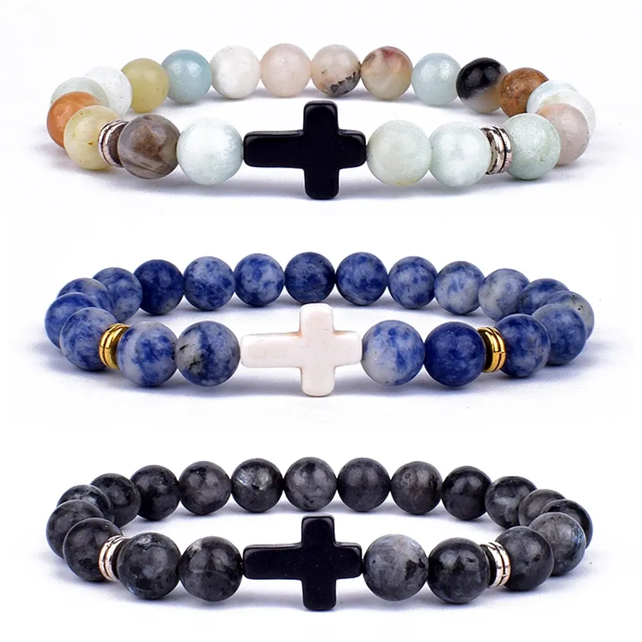 STRANDS Trendy Jesus Cross Charm Blue Turquoises Men Bracelet Black Lava Stone 8mm Witte kralen Bracebanden Barmers voor vrouwen Yoga -sieraden