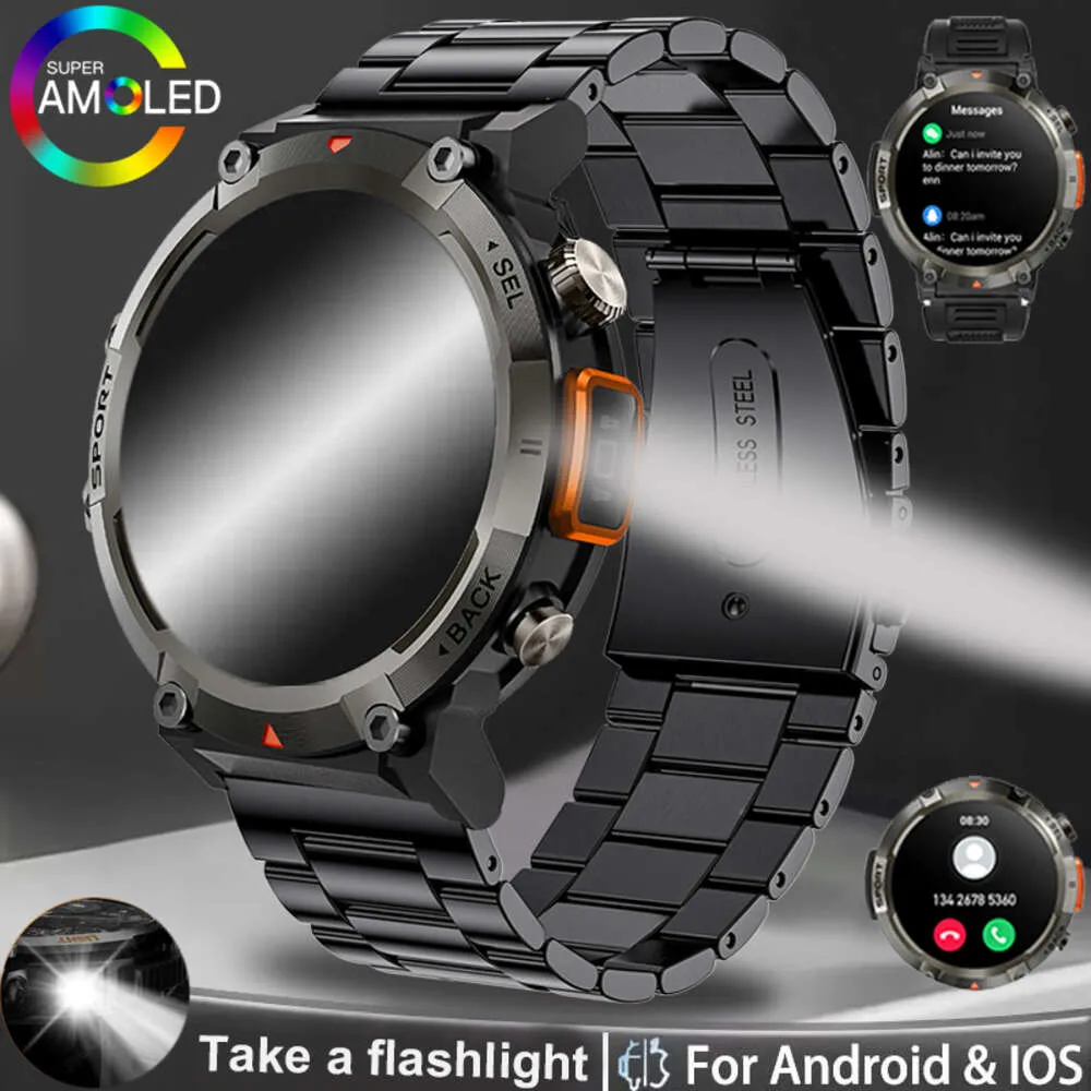 2024 novo relógio inteligente lanterna LED Relógios ao ar livre IP68 Bluetooth Call Sports Rastreador de fitness Sports 300mAh Smartwatch Men