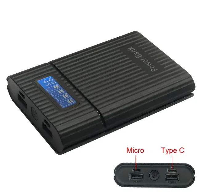Aksesuarlar Typec ve Microusb Çift Giriş Taşınabilir 18650 4 Yuva Güç Bankası Kılıfı Desteği 5V 2A Cep Telefonu/Tablet İçin Hızlı Şarj