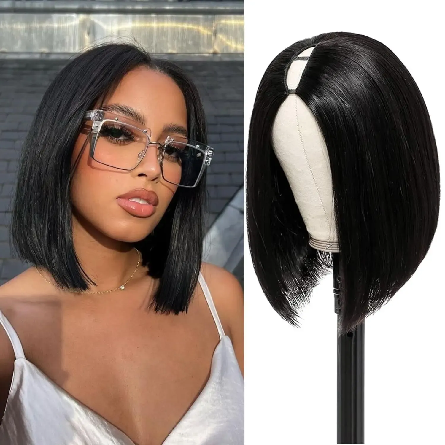 Wigs 12inch Heat Resistant Fiber Synthetic Black Bob Hair Wigs for Women V Part Bob Wig Short Straight Bob Wigs U V Part Half Wig