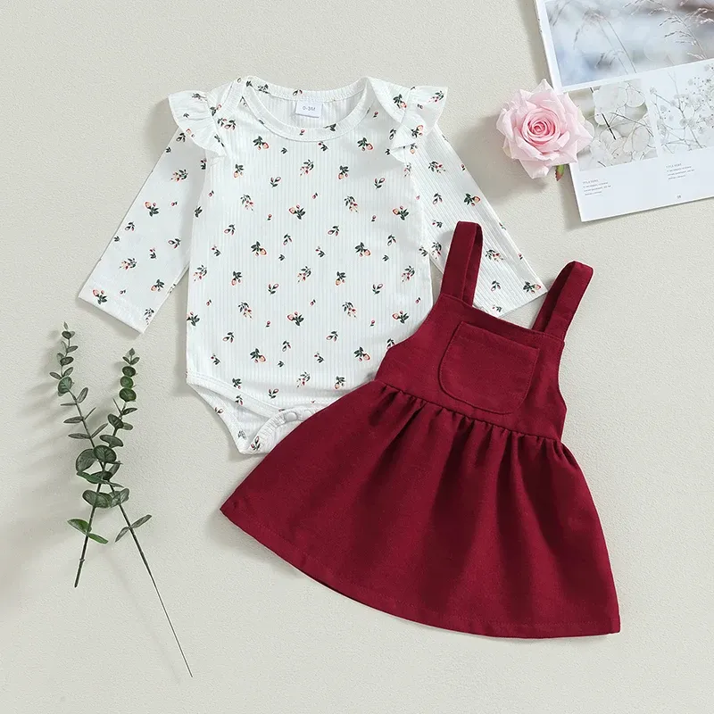 Sets mababy 018m pasgeboren baby babymeisjes kleren sets bloemenprint lange mouw Romper Suspender rok Algehele outfits herfst lente