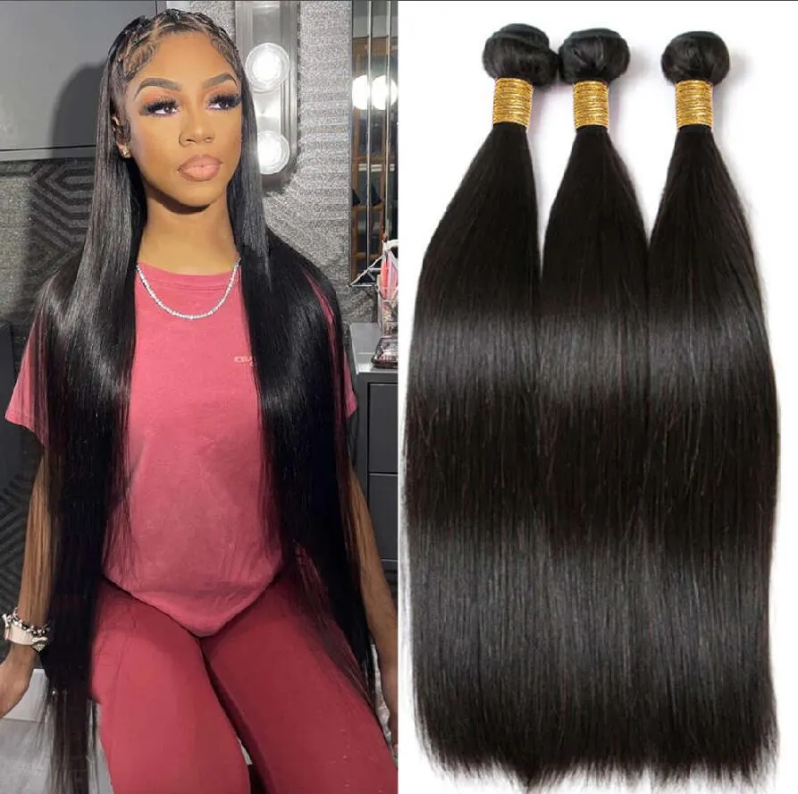 Ben rak mänskliga hårbuntar långa 30 tum svarta kvinnor brasilianska remy hårförlängningar naturligt färg mänskligt hår inslag hårprodukter