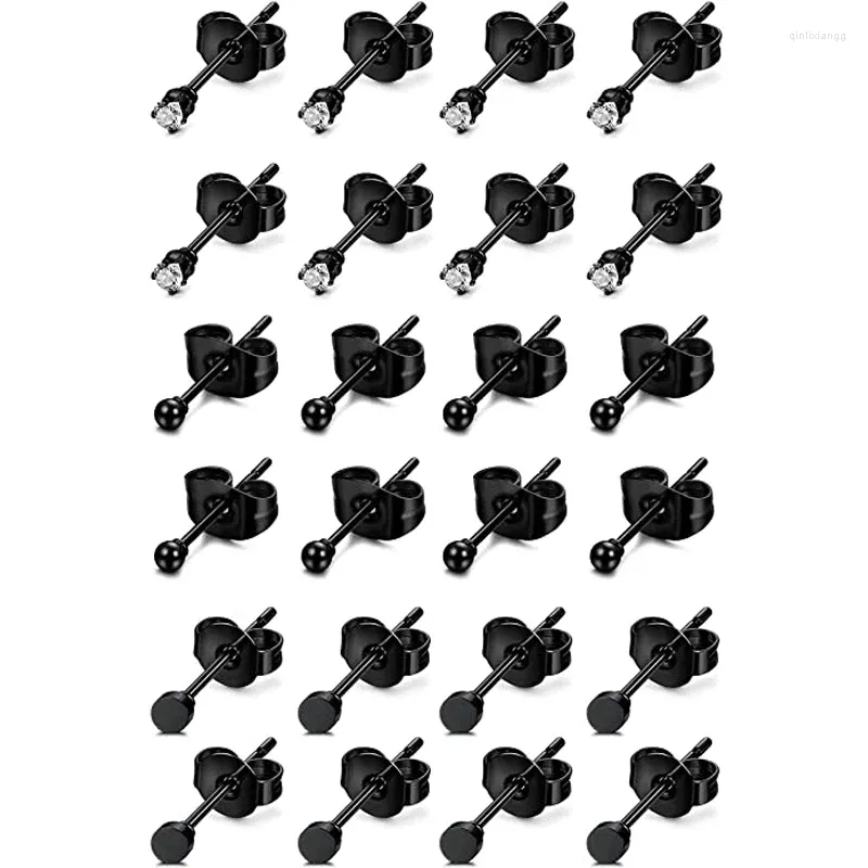 Stud Earrings 12 Pairs Black Stainless Steel For Men Women Small Disc Ball Set Cubic Zirconia Studs Piercing Jewelry