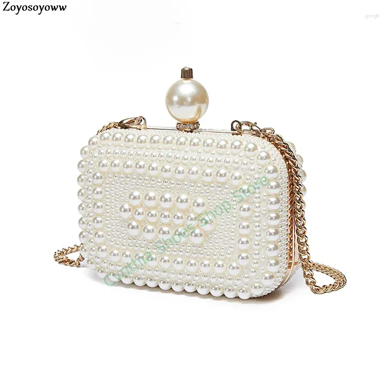 Drawstring Graceful Pearl Mini Woman White Shell Bag Gold Iron Chain Messenger Size In 15.5X11X5.5cm For Lady Girl Party