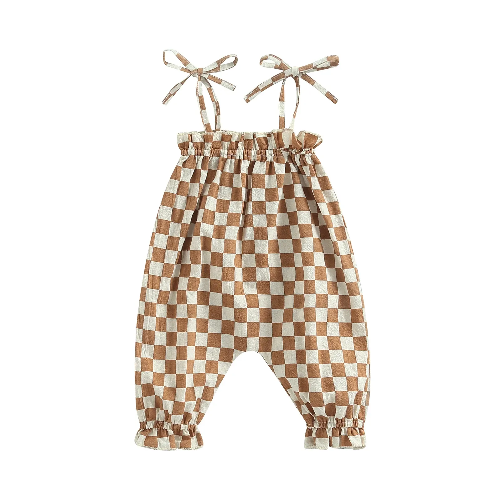 One-Pieces Infant Baby Girls Casual Jumpsuit, Brown Checkerboard Plaid Pattern Sleeveless Tieup Strap Romper