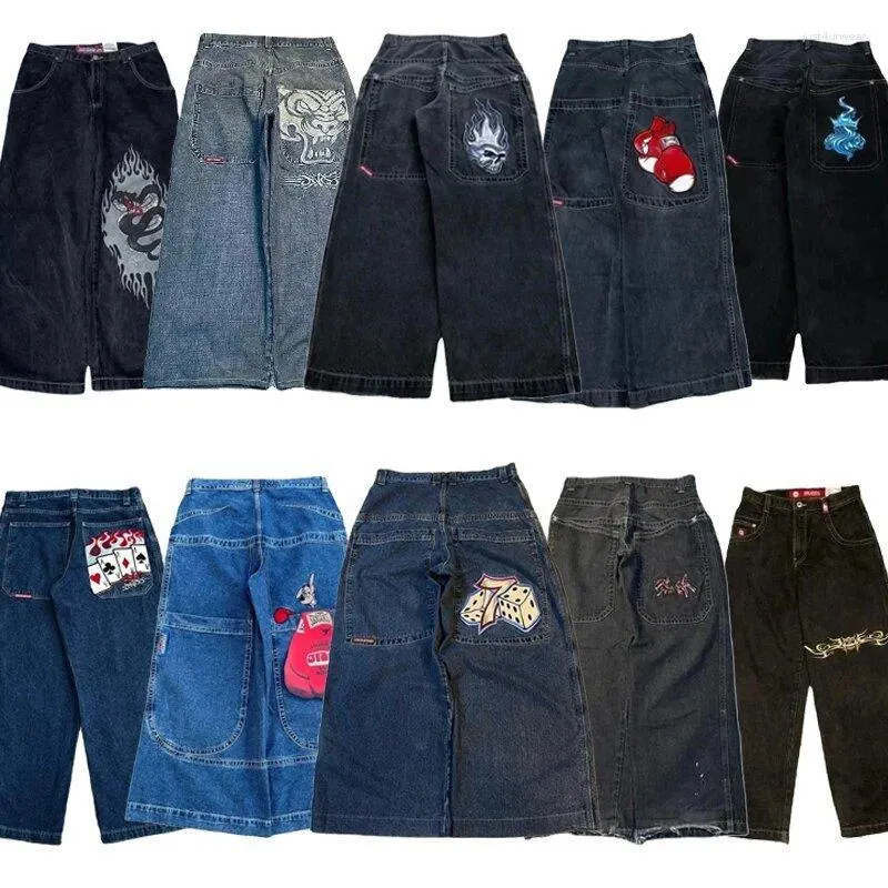 Mäns jeans harajuku hiphop retro skalle grafisk broderad baggy denim pants män kvinnor goth hög midja breda byxor