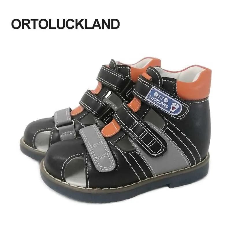 Sandaler Ortoluckland Kids Girls Sandaler Barn Black Leather Orthopedic Shoes Toddler Boys Tippoe Flatfoot Footwear Size23 till 33 240423