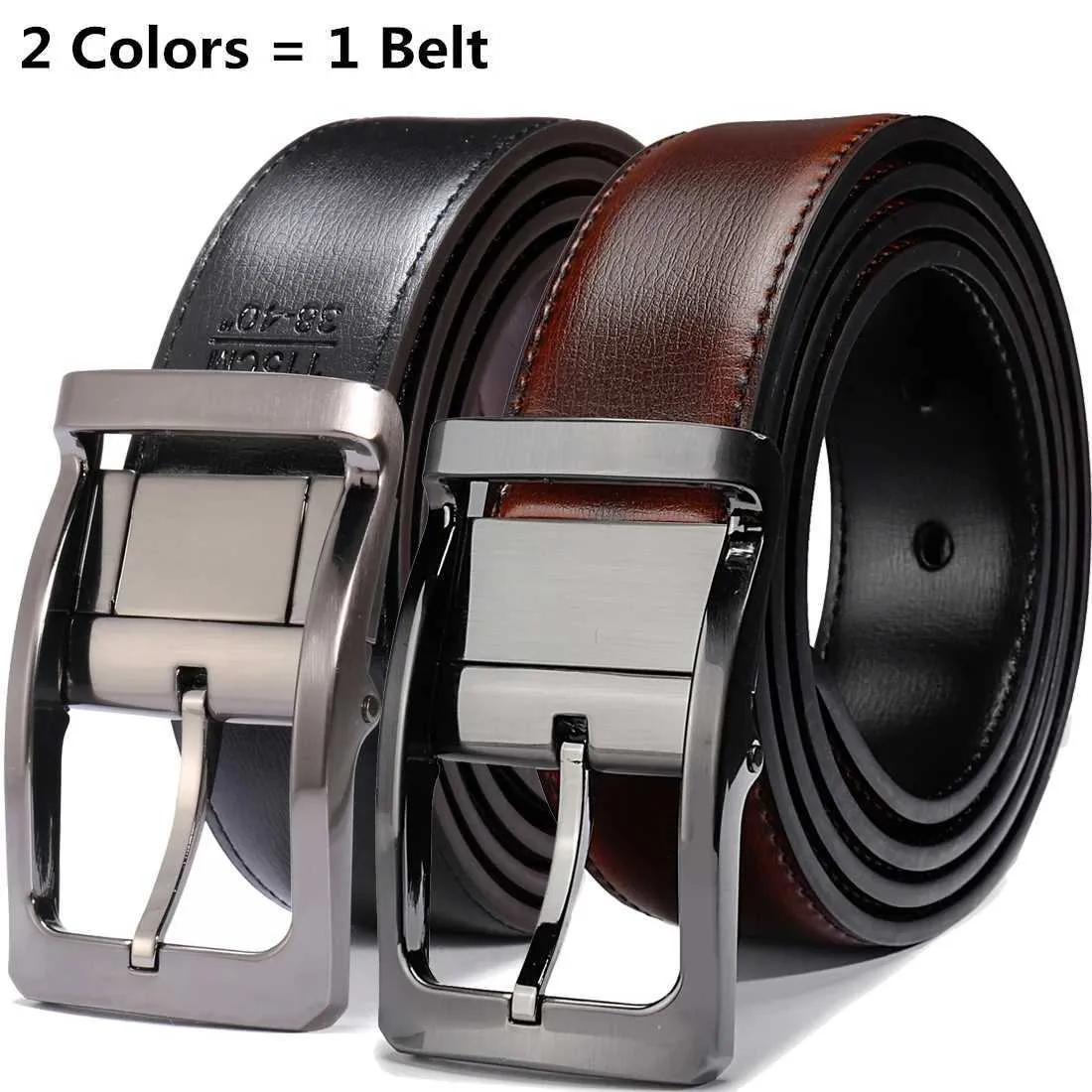 Belts 1Pcs Mens Genuine Leather Reversible Belt Rotated Buckle Two In One Big And Tall 240423