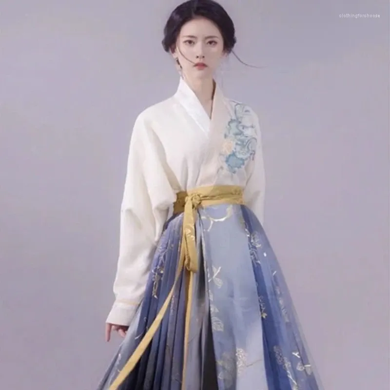 Bluzki damskie chiński styl hanfu haftowany biały imprezowy bluzka dla kobiet wiosna i jesienne krzyżowe szczupłe koszulę na długi czas