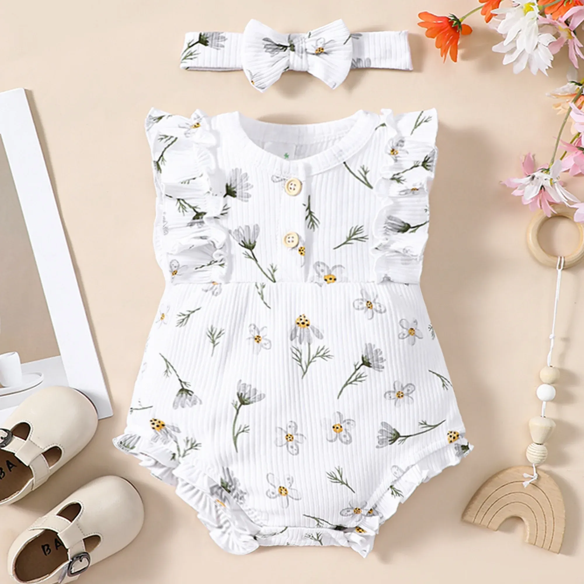 One-Pieces 2PCS Summer Baby Sleeveless Casual Style Pure Cotton Elegant Small Flower Slim Fit jumpsuit Cute Little Girl Crawling Clothes