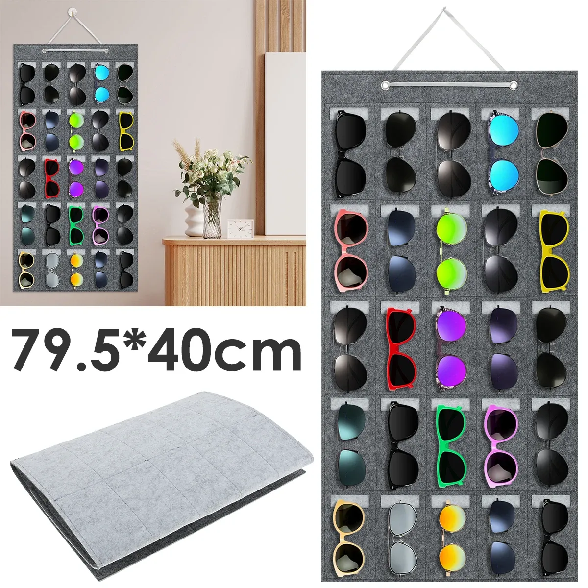 Lunettes de soleil Lunettes de soleil Organisateur Storage avec corde robuste en feutre de soleil suspendu pour les lunettes de soleil pour mur 25 emplacements