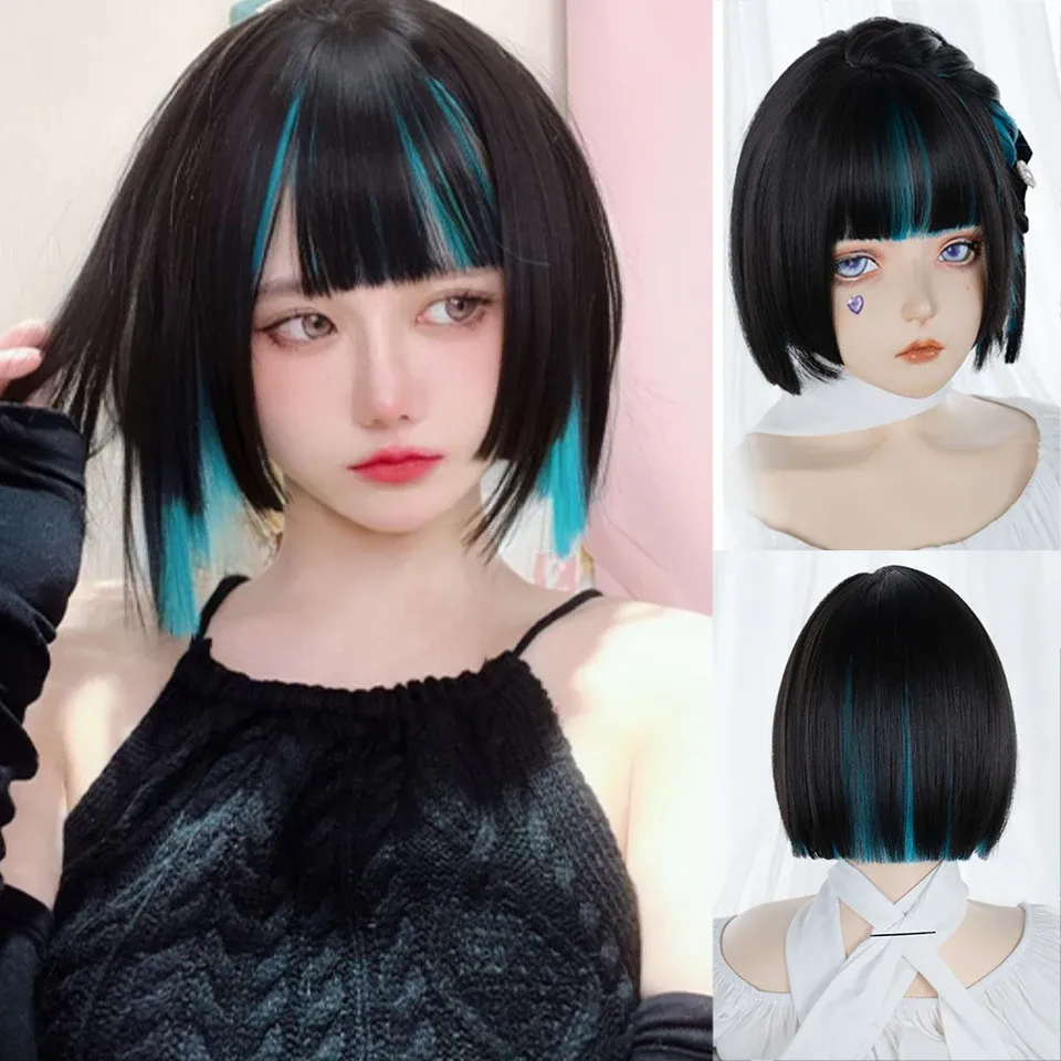 Pelucas Houyan Síntesis Cabello corto y liso Representantes Black Stoal Wig Girl Cosplay Lolita Wig Bangs Wig resistente al calor