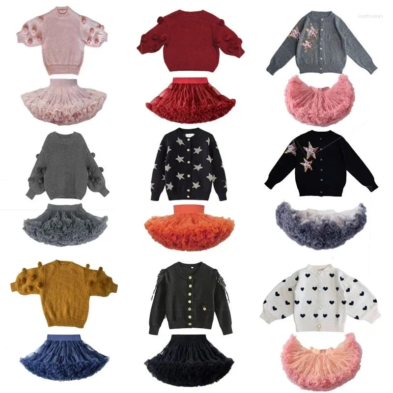 Clothing Sets Girls Suit Spring Longs Sleeve O-neck Sweater Patchwork Tutu Skirts Two Piece Children Casual Cute Sweet Set Kids Clothes