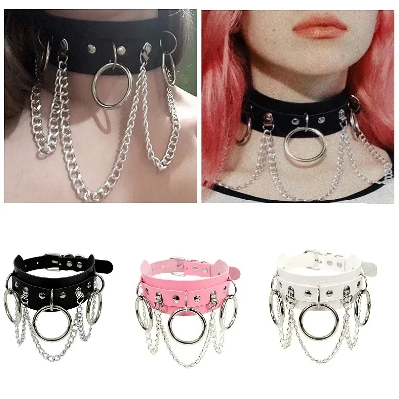 Kettingen Gothic Cosplay Pu Leather Choker met metalen ketting Big Ring Accessories Cool Women Girl Punk Black ketting Kraag met riem