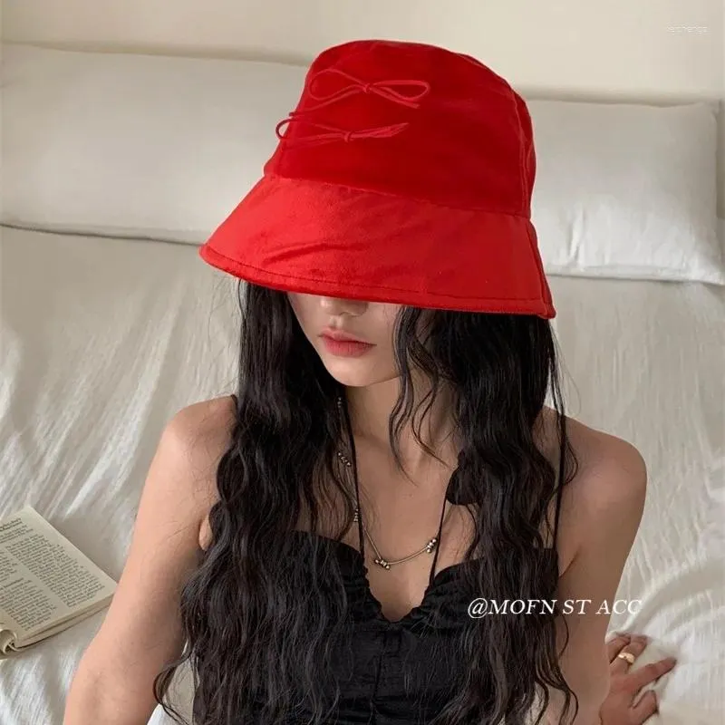 Beretten Koreaanse ins Velvet Bow Bucket Hats For Women Spring Summer Travel veelzijdige designer Designer Fisherman Caps Y2K Party Panama Sun